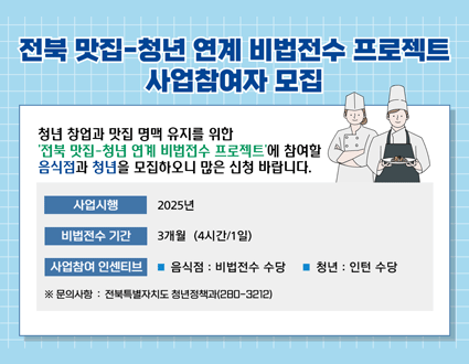 전북 맛집 청년 연계 비법전수 프로젝트 사업 참여자 모집

청년 창업과 맛집 명맥 유지를 위한 '전북 맛집-청년 연계 비법전수 프로젝트'에 참여할 음식점과 청년을 모집하오니 많은 신청 바랍니다.

- 사업시행 : 2025년
- 비법전수 기간 : 3개월 (4시간/1일)
- 사업참여 인센티브
음식점:비법전수 수당 / 청년 : 인턴 수당

※ 문의 사항 : 전북특별자치도 청년정책과 (280-3212)