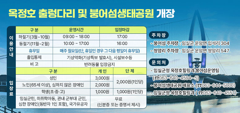 옥정호 출렁다리 및 붕어섬생태공원 개장
이용안내
하절기(3월~10월)
운영시간: 09:00~18:00 (입장마감 17:00)
동정기(11월~2월)
운영시간: 10:00~17:00 (입장마감 16:00)
휴무일: 매주 월요일(단, 휴일인 경우 그 다음 평일이 휴무일)
출입통제: 기상악화(기상특보 발효시), 시설보수 등
비고: 반려동물 입장금지
입장료
성인: 개인 3,000원 단체 2,000원(1인당)
노인(65세 이상), 심하지 않은 장애인: 개인 2,000원, 단체 2,000원(1인당)
학생(초중고): 개인 1,000원 단체 1,000원(1인당)
임실군민, 미취학아동, 관내 군부대 군인, 심한 장애인(동반자 1인 포함), 국가유공자: 무료(신분증 또는 증명서 제시)
주차장
- 붕어섬 주차장: 임실군 운암면 입석리 304
- 쌍암리 주차장