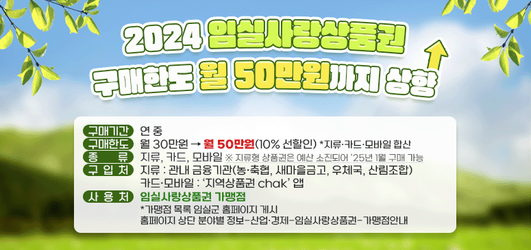 2024 임실사랑상품권 구매한도 월50만원까지 상향

구매기간 : 연 중
구매한도 : 월 30만원 → 월 50만원(10% 선할인) *지류·카드·모바일 합산
종 류 : 지류, 카드, 모바일 ※ 지류형 상품권은 예산 소진되어 '25년 1월 구매 가능
-지류 : 관내 금융기관(농·축협, 새마을금고, 우체국, 산림조합)
-카드·모바일 : 지역상품권 chak 앱
사용처 : 임실사랑상품권 가맹점
*가맹점 목록 임실군 홈페이지 게시 
홈페이지 상단 분야별 정보-산업·경제-임실사랑상품권-가맹점안내